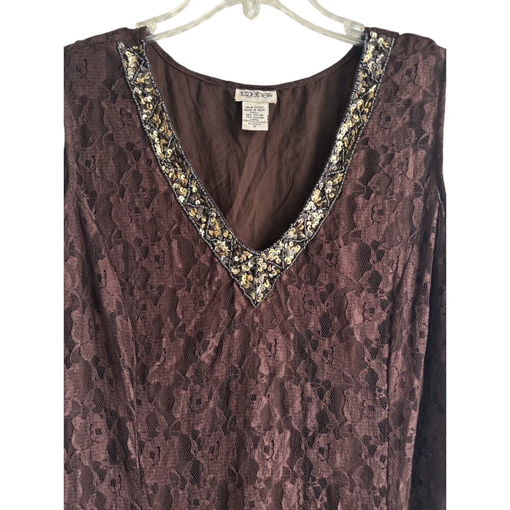 Vintage 90’s‎ Y2K Size 16 Brown Lace Sequined Beaded Maxi Dress - Picture 5 of 8